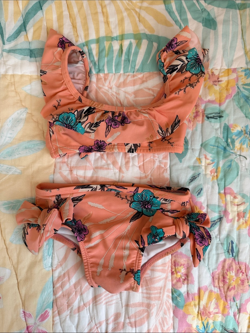 Jessica Simpson Peach Floral Ruffle Bikini Set with Teal and Purple Flowers